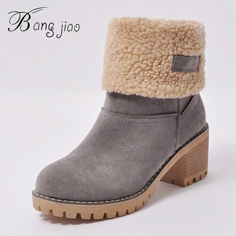 

BANGJIAO 2018 Women Boots Female Winter Shoes Woman Fur Warm Snow Boots Square Heels bota feminina Ankle Boots botas mujer