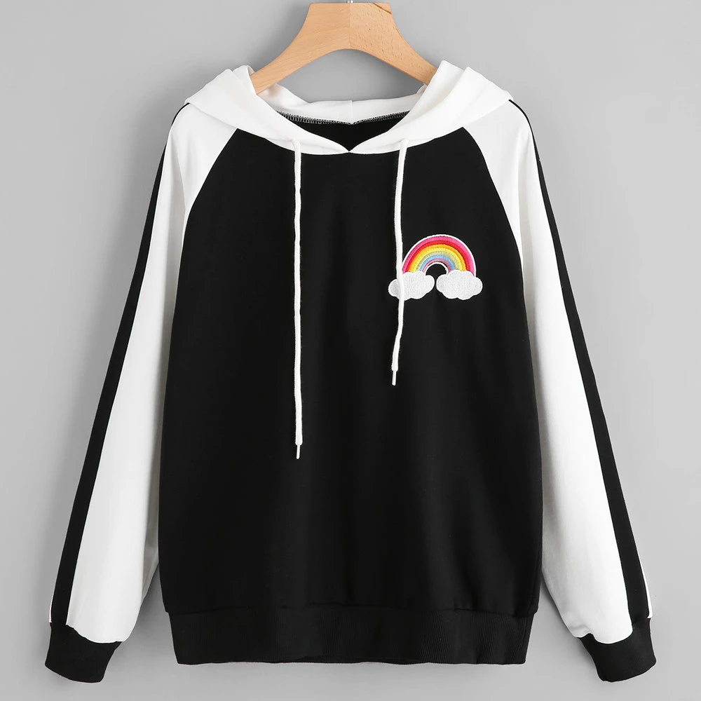 Hoodies Women Girls Casual Rainbow Pattern Black White Patchwork Blouse Shirt Female Hoodie 