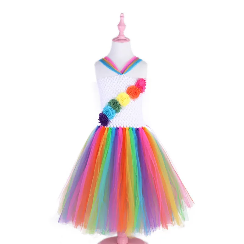 Платье с цветочным узором для девочек юбка-пачка для девочек радужных цветов бальное платье детский день рождения, свадьба, Рождество платья для детей, лодыжки, Длина платье-пачка из тюля