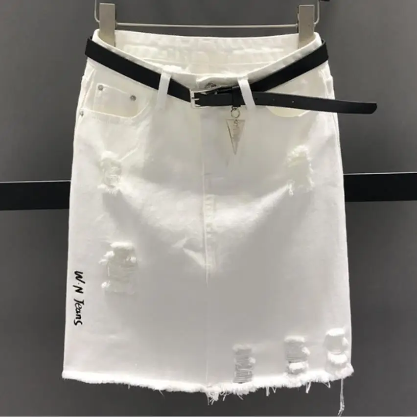 Женская короткая джинсовая юбка летняя белая с дырками и высокой талией|Юбки| |