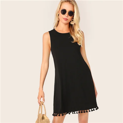 SHEIN Платье-туника без рукавов с кисточками, Boho, черное, однотонное, с бахромой, лето, круглый вырез, без рукавов, прямые платья - Цвет: Черный