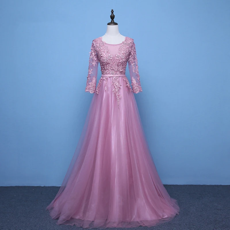 

Elegant evening dresses long 2019 Tulle Lace Full Sleeve Beads Grey Pink Evening Gowns Women Party Dress Long Formal Dresses