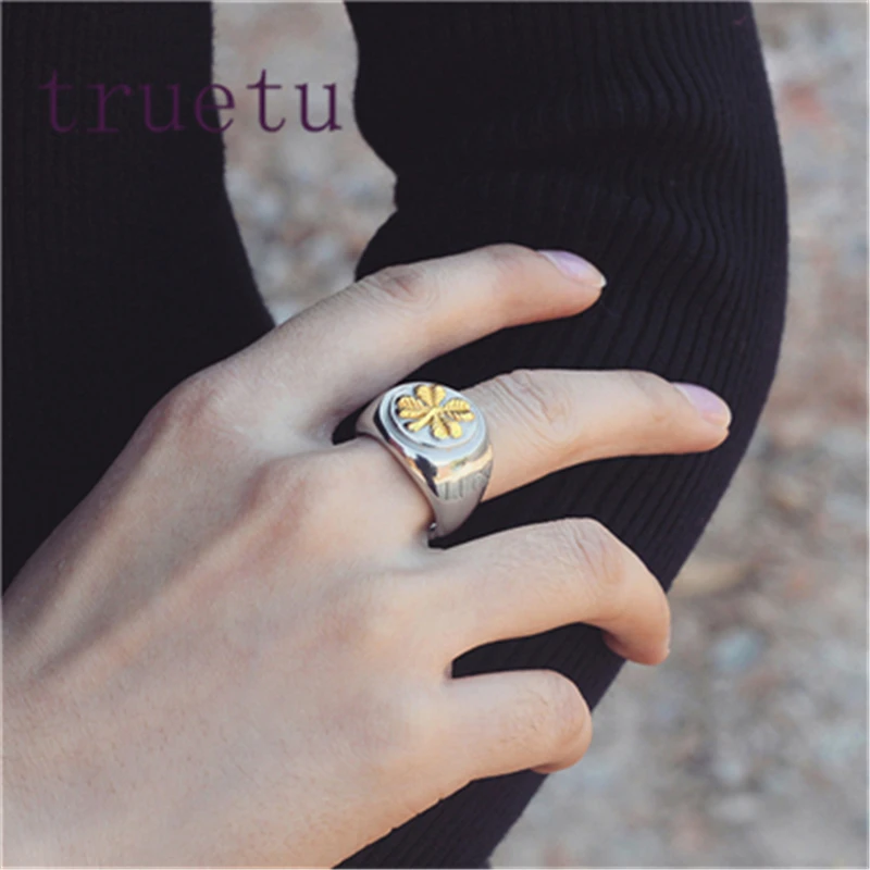 Truetu Never Fade Titanium Steel Lucky Clover Rings For Men Rings Stainless Steel GOOD LUCK