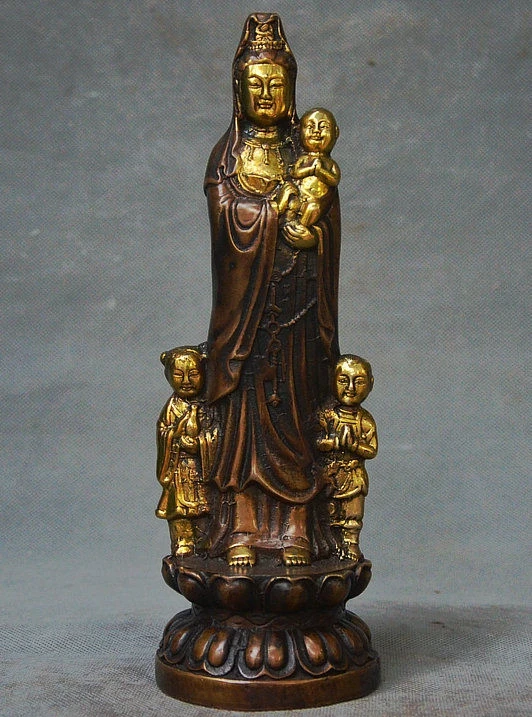 

10" China Folk Temple Bronze Gilt Kwanyin Guanyin Tongzi Boy Boddhisattva Statue