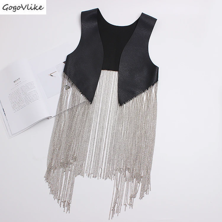 

2019 Summer Autumn New PU Leather Vests Women Vests Chains Tassel Outwear Women Clothing Girl Bar Vest Sleeveless SA087S40