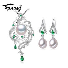 FENASY 925 серебро натуральный жемчуг комплекты украшений для женщин изумруд Висячие серьги подвеска в виде феникса колье, свадебные украшения