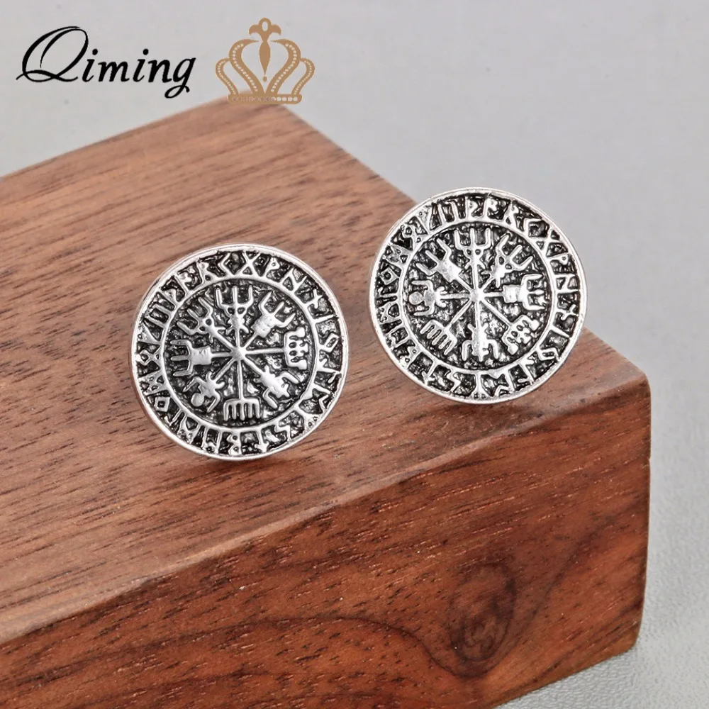 

QIMING Vegvisir Runes Compass Earrings Women Vintage Charm Scandinavian Antique Bronze Round Rune Slavic Viking Jewelry Earring