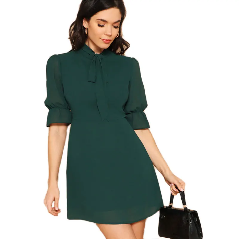 SHEIN женское зеленое элегантное мини-платье с завязками на шее и стоячим воротником с рукавами-воланами весеннее однотонное платье трапециевидной формы с рукавом до локтя и оборками