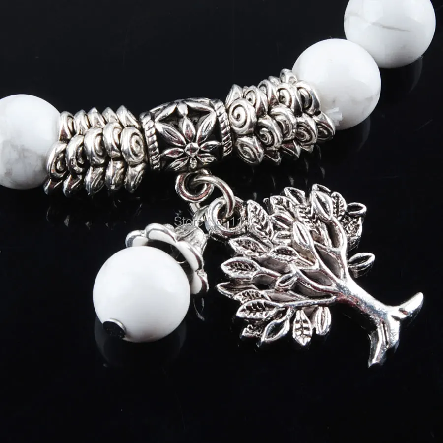 WOJIAER Белый Howlite браслет с драгоценным камнем мала бусины Древо жизни Подвески