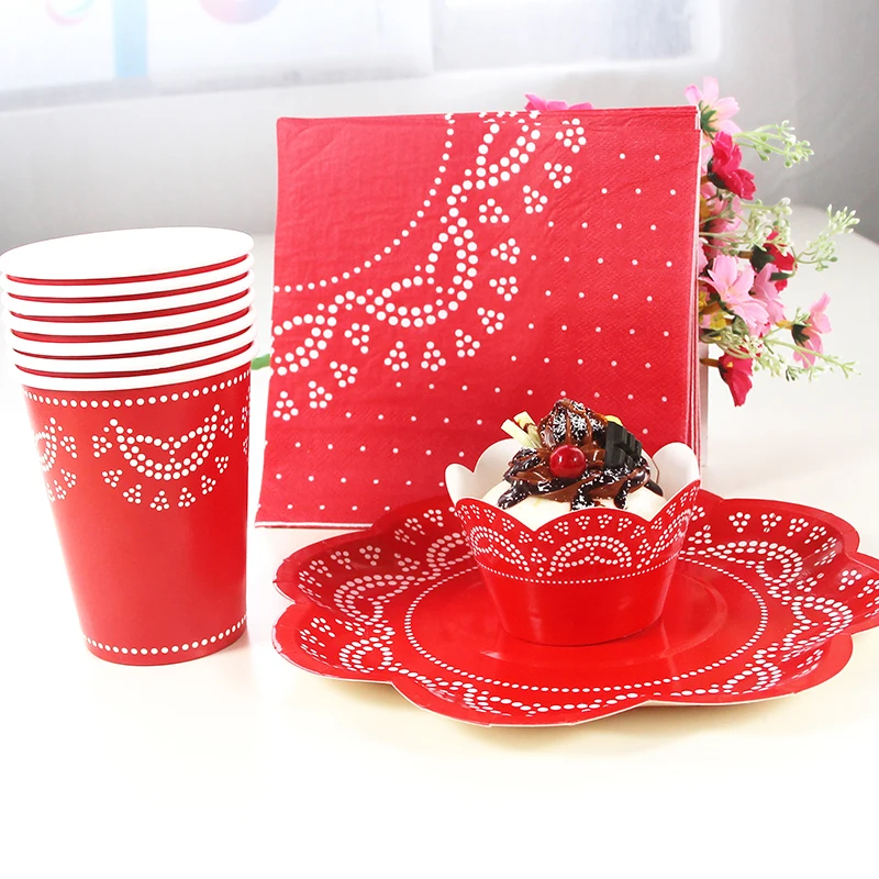 Hot Sale Red Paper Plates Cups Napkins Cupcake Wrapper Set Children Party Disposable Tableware