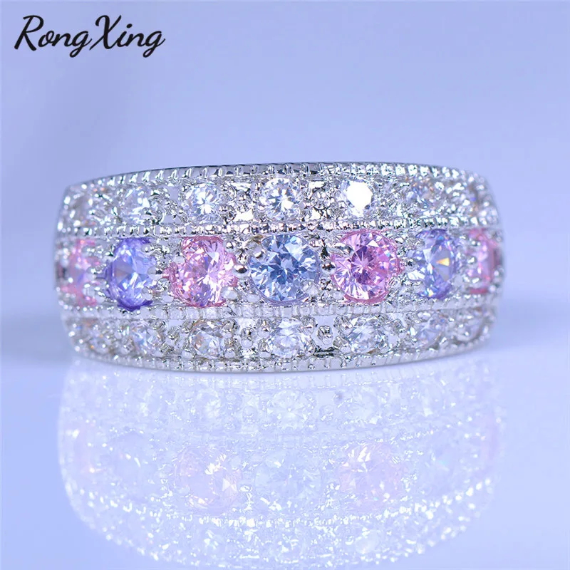 

RongXing Small Round Pink/Purple/White Crystal Zircon Rings for Women 925 Sterling Silver Filled Birthstone Ring Bling Jewelry