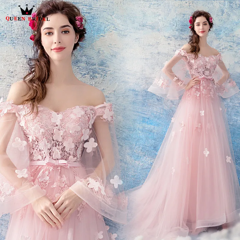 

QUEEN BRIDAL 2018 New Evening Dresses A-line Tulle Flowers Beading Pink Sexy Long Prom Gown Party Dresses Vestido De Festa LS12A
