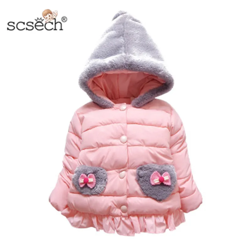 New Fashion Warm Hooded Children Outerwear Pink Coat Cute Baby Girls
