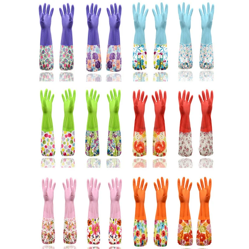 

1 Pair Kitchen Cleaning Gloves with Velvet Warm Winter Elastic Band Long Sleeves Gloves Household Waterproof Dishwashing Gloves
