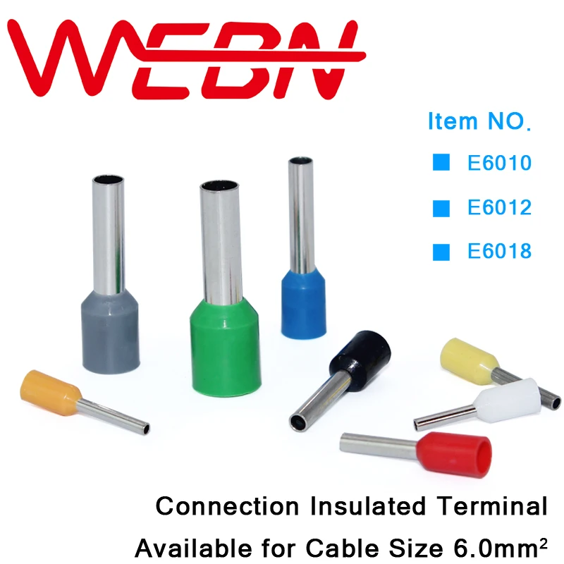 

E6010/E6012/E6018 Tube Pre-insulated Cord End Terminal Series Copper&PVC Material for Cable Size 6.0mm2 10AWG 1000pcs/Pack