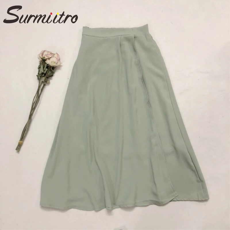 

Surmiitro Midi Long Green Summer Skirt Women Fashion 2019 Solid A-line Split Ladies Elegant High Waist Sun School Skirt Female