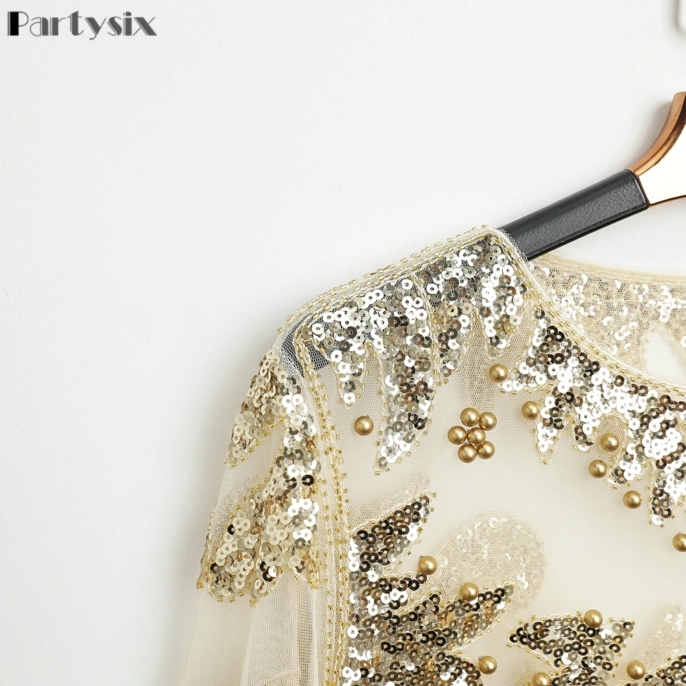 Partsix Sexy Sequined embroidery Gold Flower Shirt