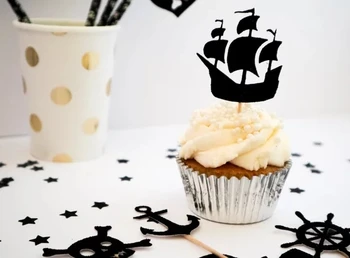 

Glitter Pirate Ship Flag Skull Nautical birthday cupcake toppers baptism Christening party decoration doughnut food treats picks