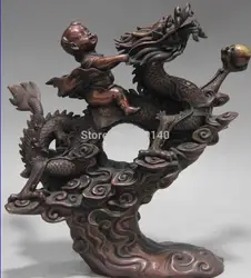 Китайская Народная Чистый Красный Медь Бронза Фэн-Шуй Лаки Богатство Мальчик Сидеть Dragon Статуя