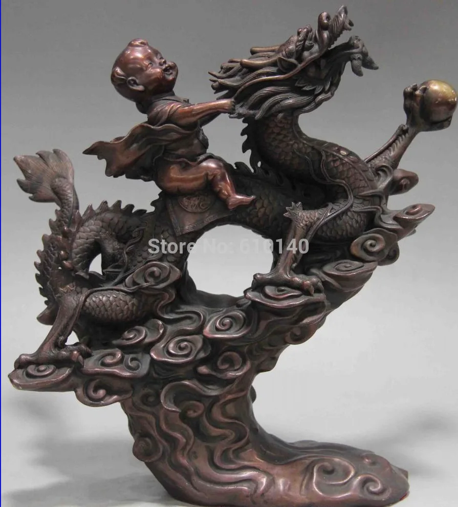 

Chinese Folk Pure Red Copper Bronze Feng Shui Lucky Wealth Boy Sit Dragon Statue
