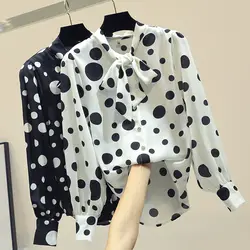 В горошек шифоновая блузка 2019 весна осень новый Корейская версия v-образный вырез бант узел с длинными рукавами гонконг стиль рубашки