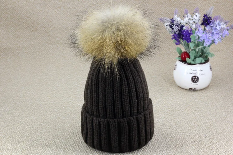 Зимняя шапка из меха енота для маленьких мальчиков и девочек, детская вязаная шапка с помпоном из натурального меха, зимняя плотная теплая шапка для детей