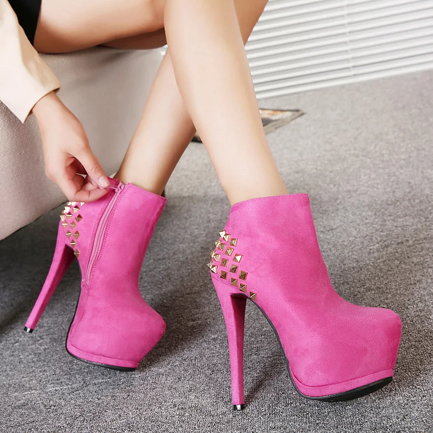 European Sexy Super High Short Boots 14 CM Autumn Fine Woman Waterproof Platform Martin Winter Rivet Naked | Обувь