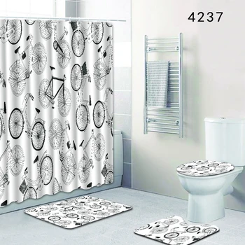 

HomeMiYN New Bath Mat Bicycle White 4pcs Bathroom Floor Decorative Bath Mats Rugs Anti Slip 12 Hooks Shower Curtain Waterproof