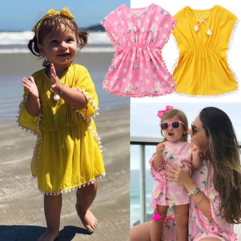 Vestido de playa para niños 2018, nuevo vestido de verano para niñas, Vestido de playa para cubrirse, Vestido de playa con flecos de ropa de baño con borlas amarillas y rosadas|Cover-up| -