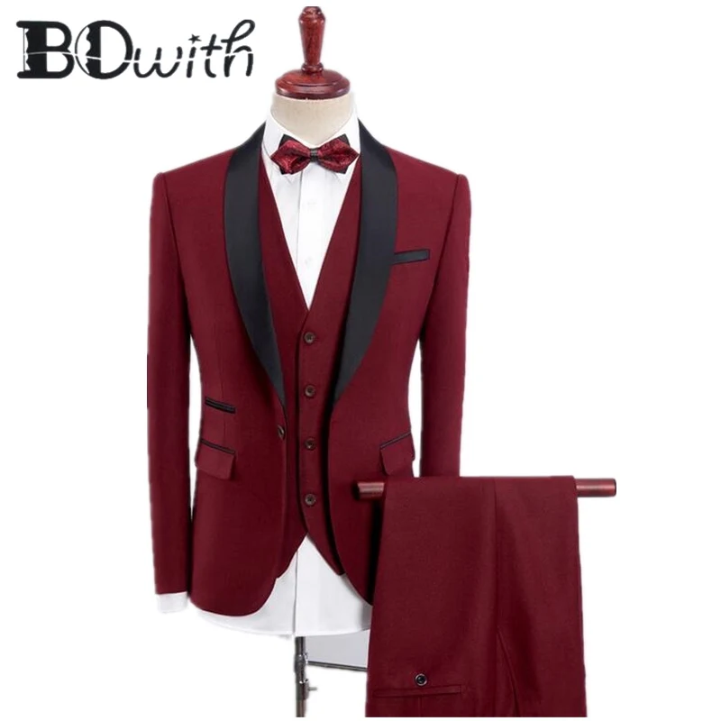 

2019 Newest Red Men Suits Shawl Collar One Button Slim Fit 3 Pieces Jacket+Vest+Pants For Wedding Tuxedos Formal Suits