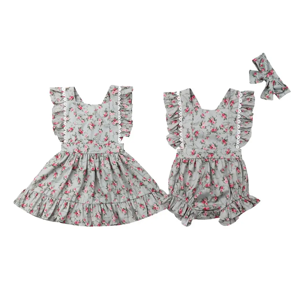 

Sister Matching Floral Romper Dress Toddler Kids Baby Girl Sleeveless Flare Clothes Sleeveless Backless Belt Romper Clothes Sets