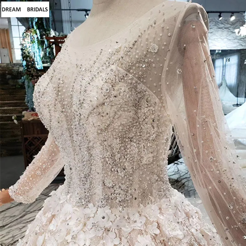 Бальное платье высокого качества, роскошное, Vestido De Noiva,, длинные рукава, тяжелое, бисероплетение, расшитое блестками, цветы, свадебные платья на заказ