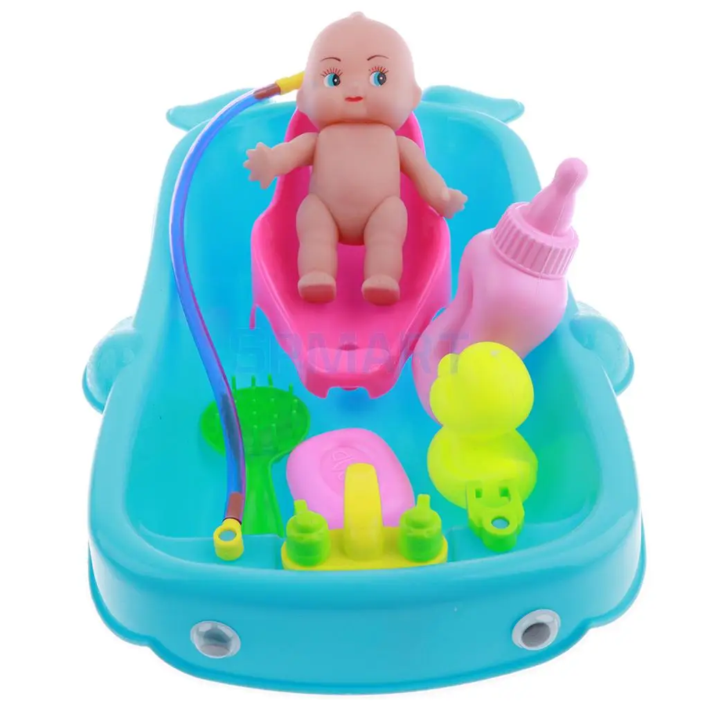 Set of Kid Baby Role Pretend Play Game Taking Care Doll Bath in Bathtub Developmental Educational Water Toy w/ Doll Gift