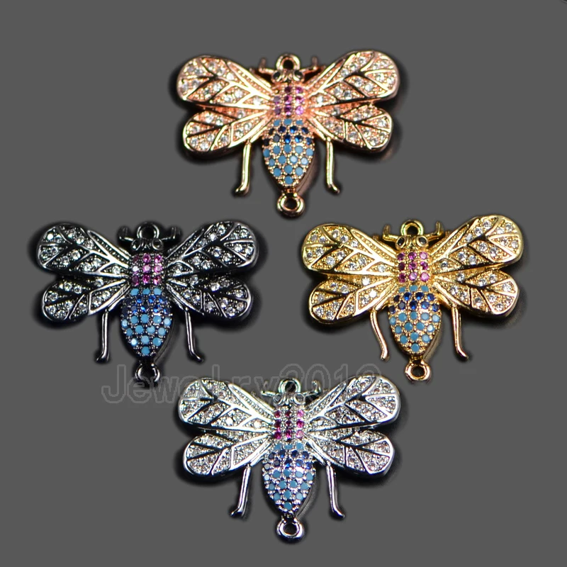 

5Pcs/Lot Dragonfly 18x24mm Zircon Gem stone Micro Pave Connector Bracelet Beads Silver Gold Gunmetal Rose Gold Wholesale