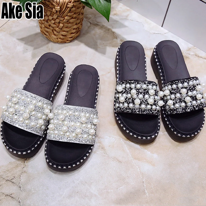 

Women Mujer Lady Casual Fashion Plenty Pearl Pearly Peep Toe Scuff Slippers Sandals Female Woman Flat Slides Babouche Shoes A559
