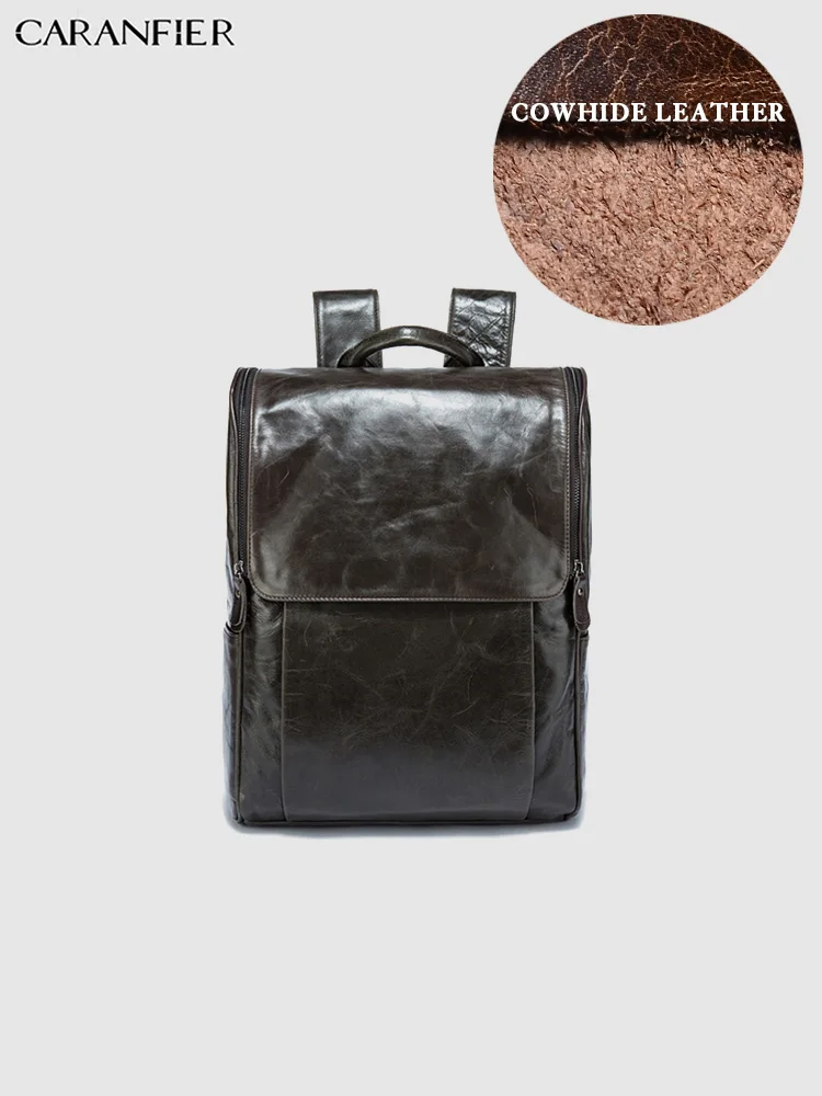 

CARANFIER Mens Backpacks Shoulder Bags Genuine Cowhide Leather Business Laptop Crossbody High Quality Male Vintage School Bags
