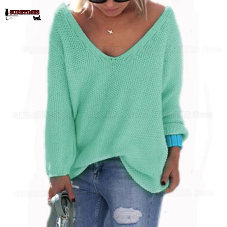 4XL Autumn Womens Cute Elegant V Neck Loose Casual Knit Sweater Pullovers Long Sleeve Spring Tops Sueter Mujer 2021 | Женская одежда