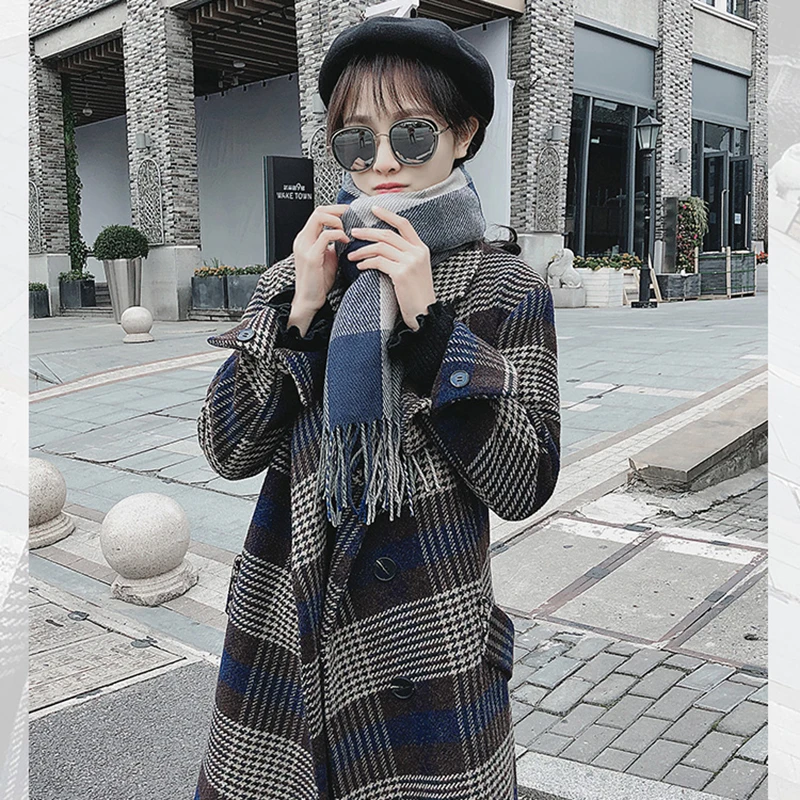 Automne Rétro Manteau Longue breasted Femelle Hiver Single Xy008 Plaid Coréenne Femmes Mode De Section Moyen Nouveau Laine En 2019 Blue Lâche g5v8qxtw