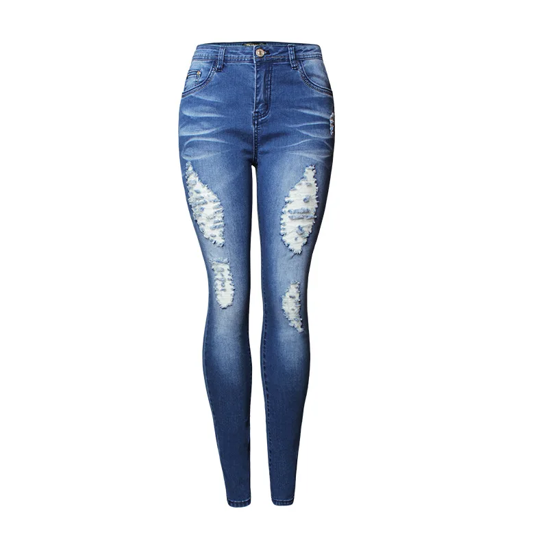 Vintage Women Jeans Blue Cotton Denim Ripped Jeans for