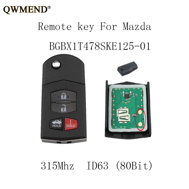 

QWMEND 4BT 315Mhz Remote key Fob For Mazda MX-5 Miata Mazda 3 Mazda 6 For Mazda BGBX1T478SKE125-01 Original keys ID63 chip