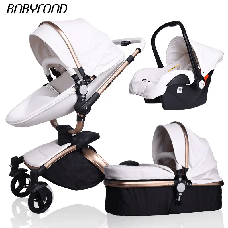 Babyfond, детская коляска, 3 в 1, детская коляска, кожаная, Двусторонняя подвеска, складная, на колесиках, европейская детская коляска, подарок ALUON - Цвет: white