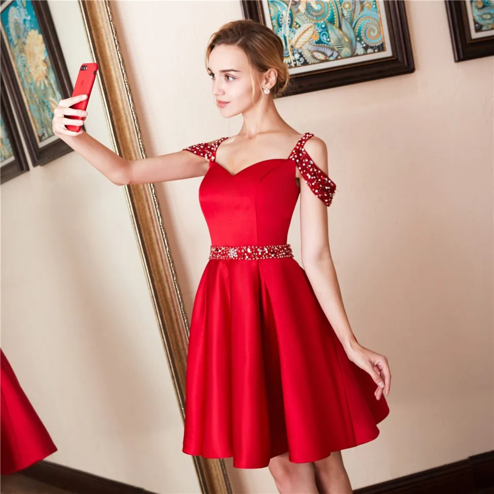 

Short Prom Dress Cocktail Gown Sexy Red Short Prom Dress Beads Above Knee Vestidos de Coctel Backless Cocktail Party Dresses