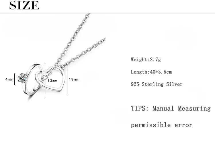 Anenjery очаровательное 925 пробы Серебряное двойное кольцо сердце циркониевое ожерелье для женщин девушек подарок на день Святого Валентина S-N261