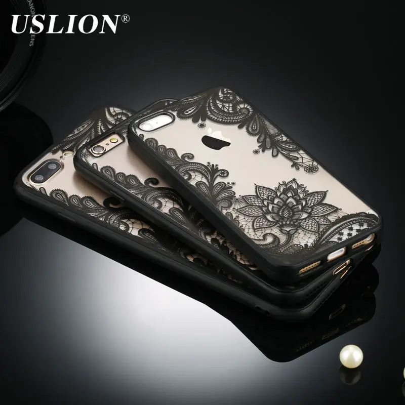 USLION مثير الأزهار جراب هاتف ل أبل فون 7 8 6 6 s 5 5 s SE زائد الدانتيل زهرة الصلب PC حالات الغطاء الخلفي لفون X XR XS ماكس