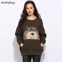 Зима-осень медведь печати кофты Женская одежда Повседневное Карман пуловер толстовка с капюшоном с длинными рукавами для девочек
