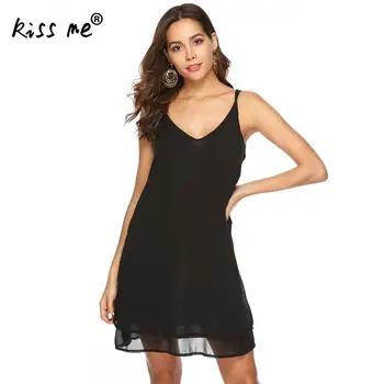 

Black Solid Short Dress Chiffon Slip Dress Deep V Sling Mini Dress Summer Beach Dress Off Shoulder Loose Deep V Backless Suit