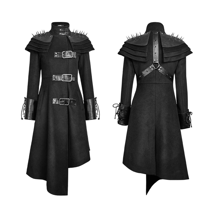 

Gothic Killers Women Rivets Shoulder Stand Up Collar Asymmetrical Long Coat Asymmetric Wool Military Rivet Leather Jacket
