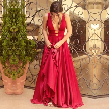 

Ruby Bridal 2019 Vestidos De Fiesta Long A-line Evening Dresses Red Satin Sexy Prom Party Dresses Vestido Longo Festa P1930