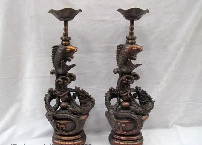 

15"China Pure Red Bronze Feng shui Dragon Fish Candle Candlestick Holder Pair