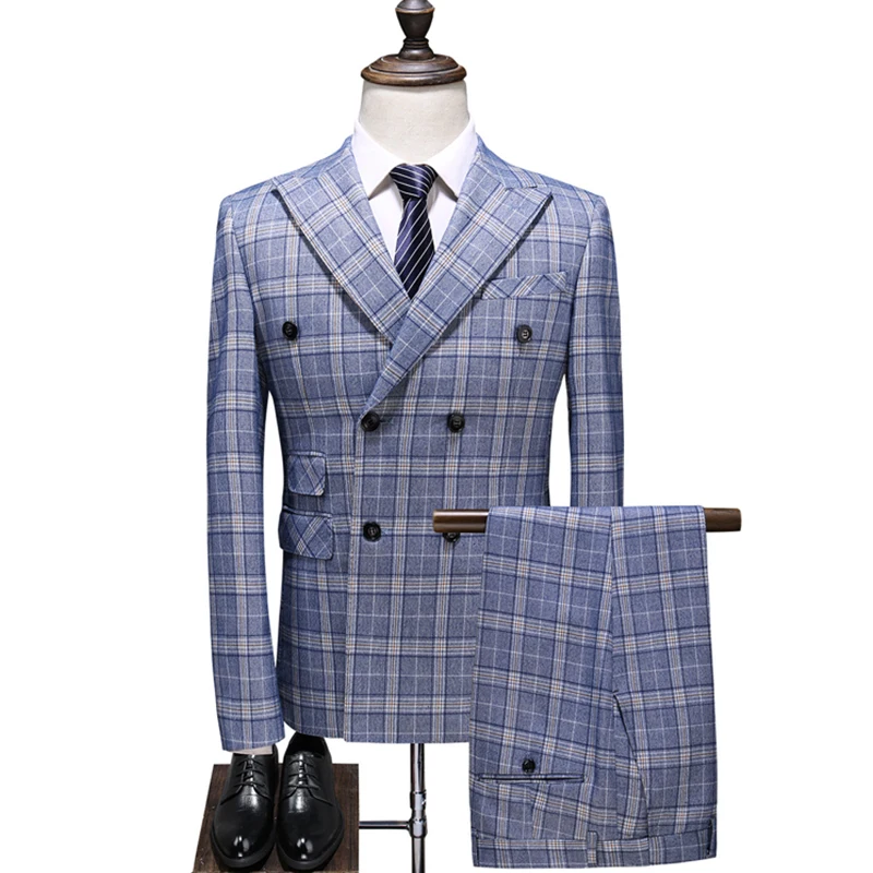 

Double Breasted plaid 3 piece suit men 2019 New Fashion Summer Autumn slim fit wedding suits for men business blazers plus size